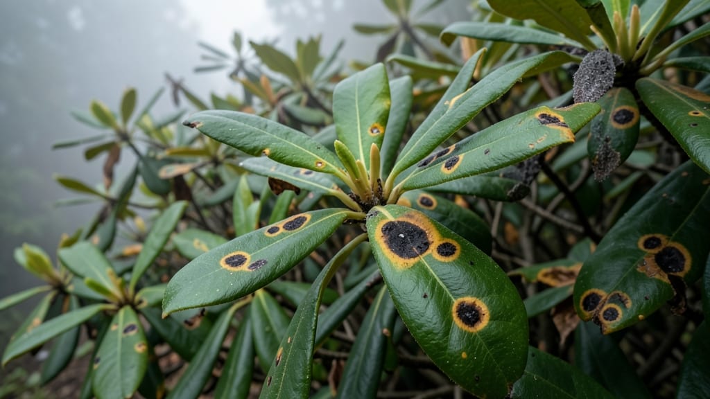 Black Spot on Rhododendron Leaves