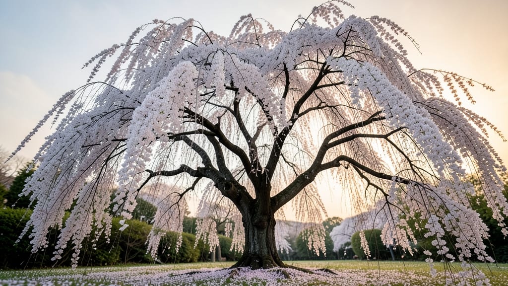 Weeping Cherry Tree with White Pom Poms