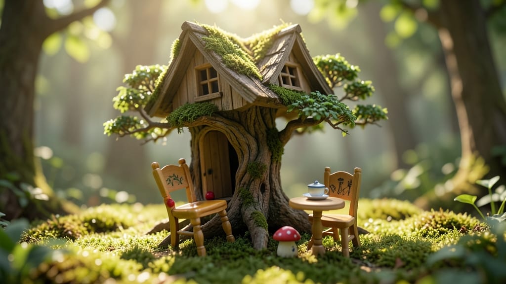 Bonsai-Inspired Gnome Tree with Miniature Furniture