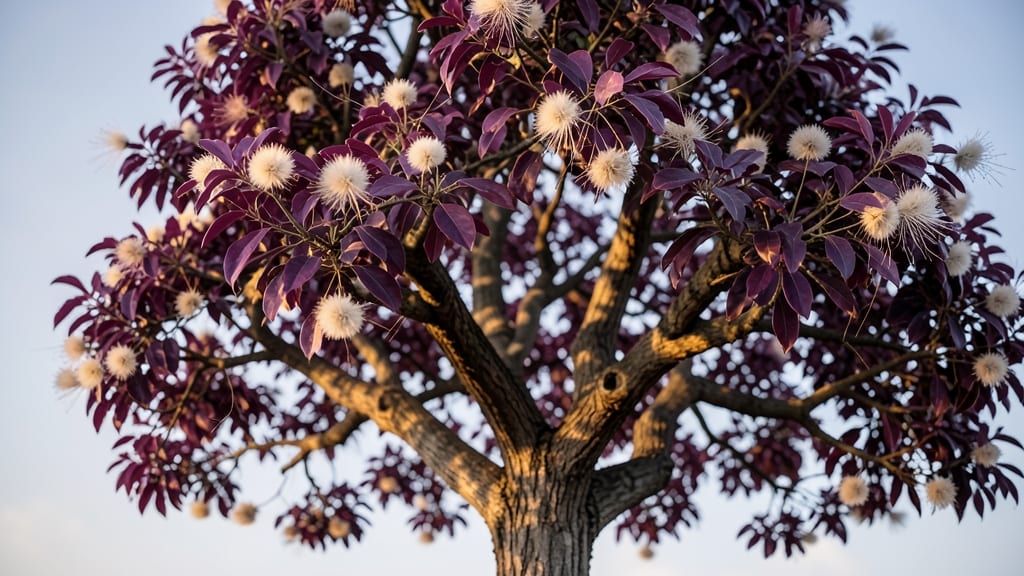 Purple Smoke Tree with White Pom Pom Flowers